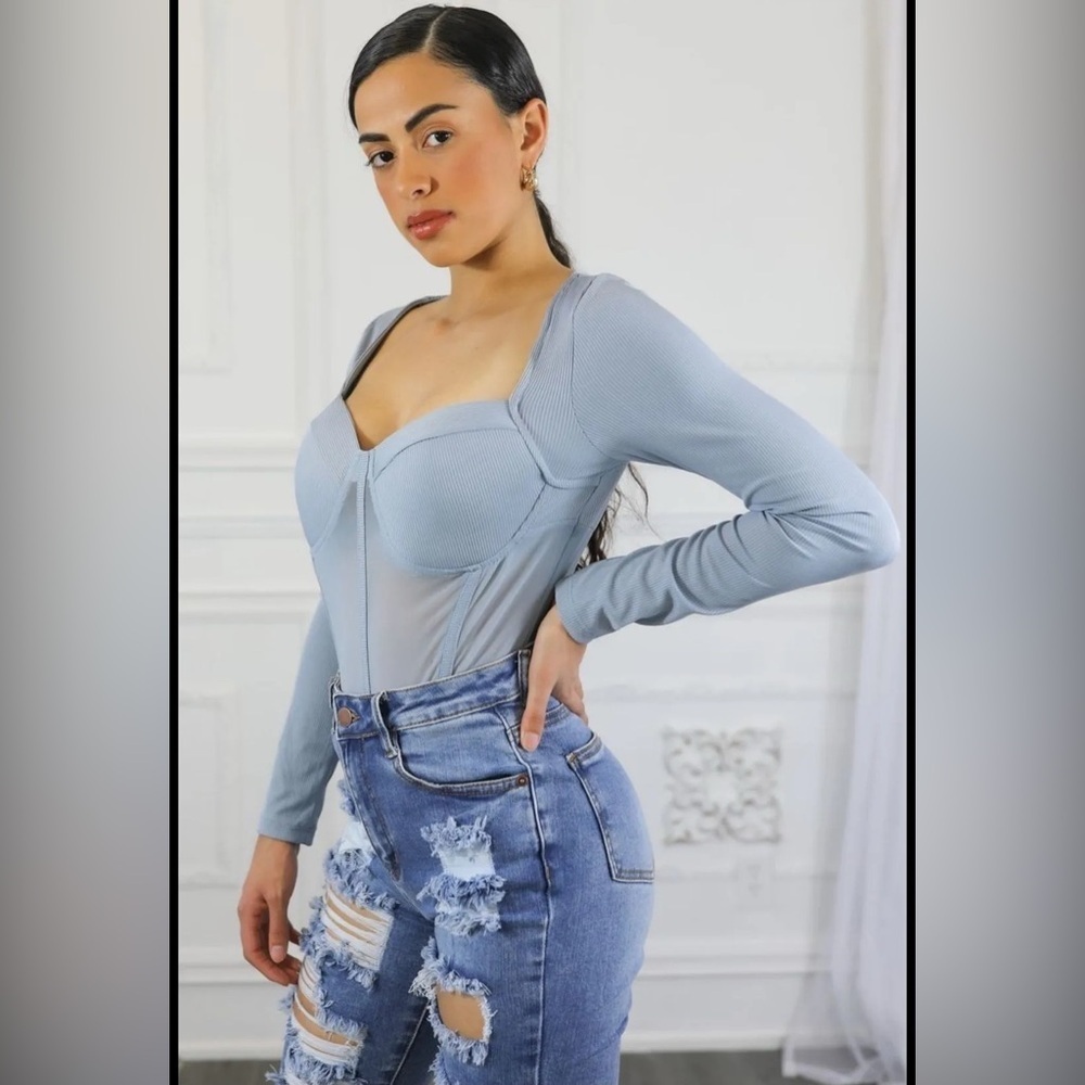 Women's Blue Long Sleeve bodysuit Top - Picture 3 of 3